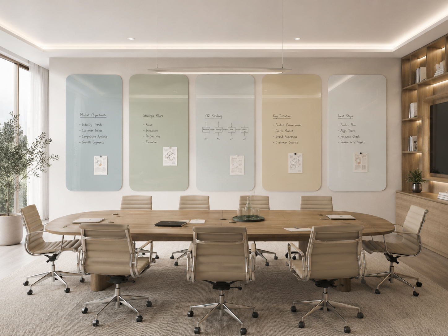 Frameless glass whiteboards — white and sage colour in a meeting room