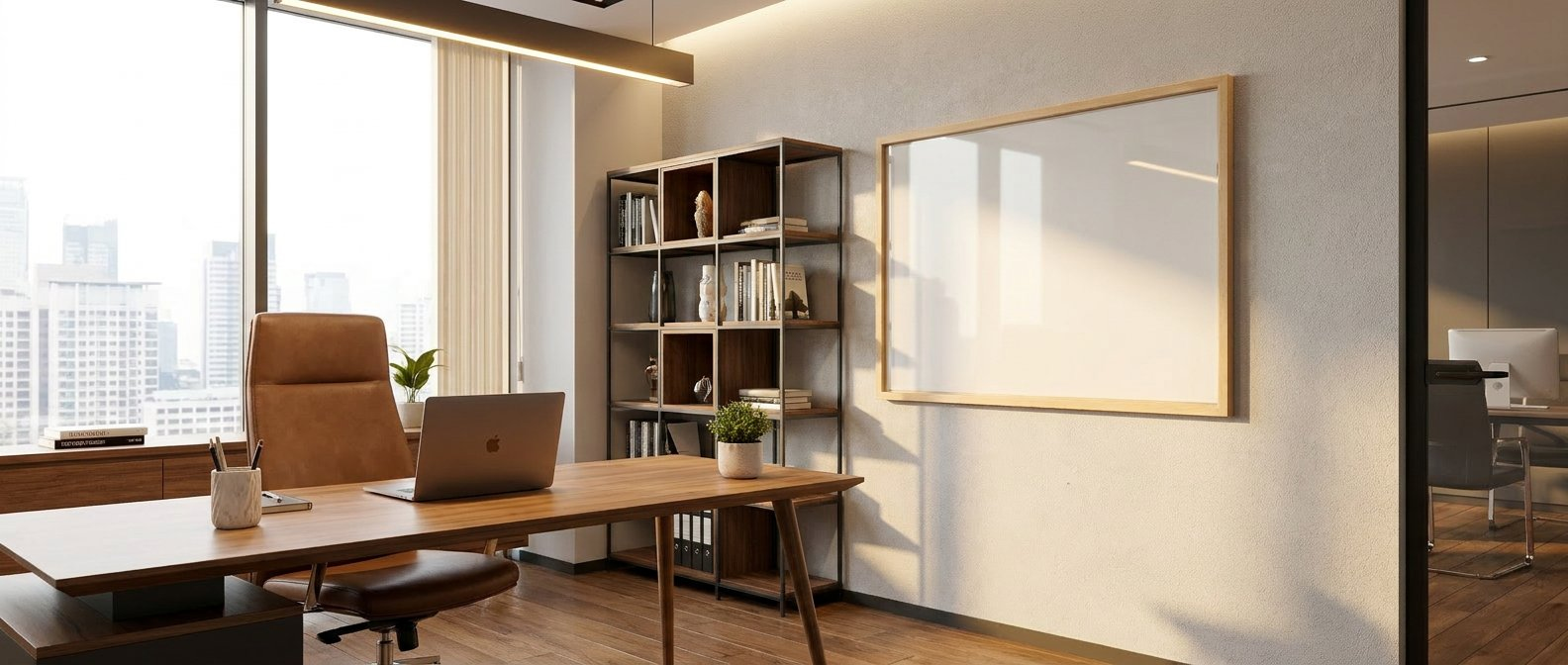 Timber box frame glass whiteboard in a contemporary office
